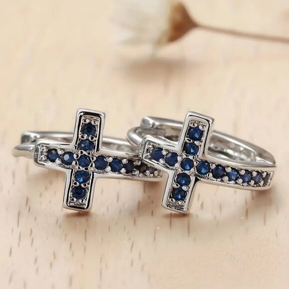 18K White Gold Mens 1ct Blue Sapphire Cross Earrings Guys 18 K Silver Jewelry